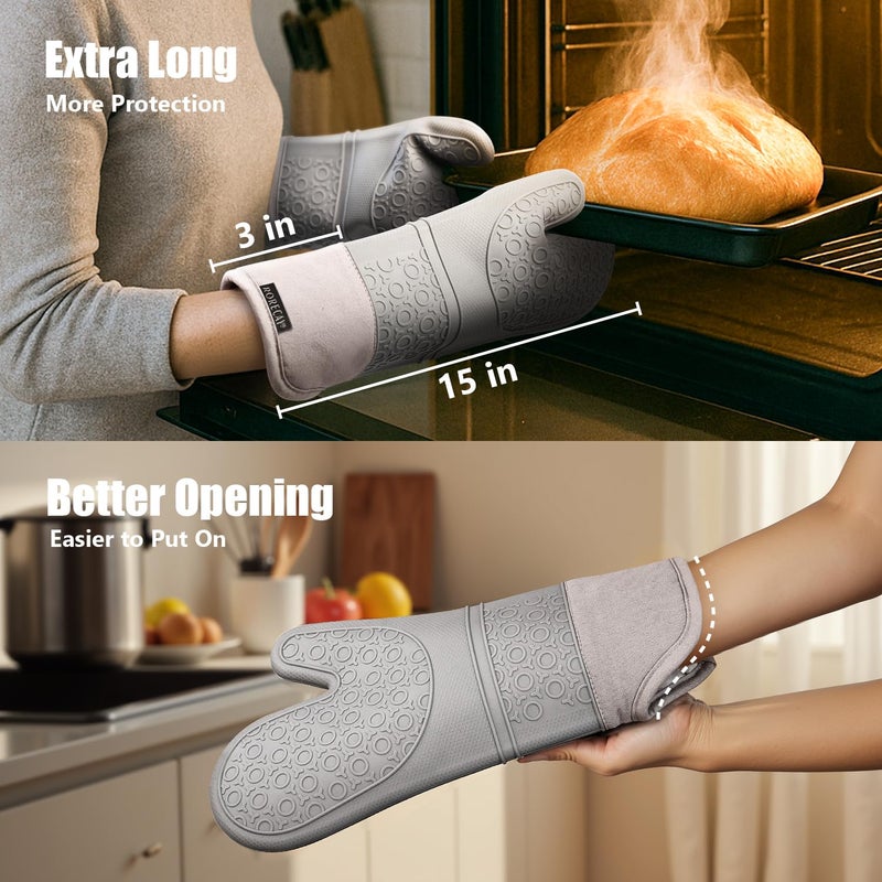 Rorecay 6pcs Oven Mitts and Pot Holders Sets for Kitchen, Extra Long Silicone Oven Gloves High Heat Resistant 500 Degrees Non-Slip Potholders Hot Pads for Baking Cooking, Grey - Image 3